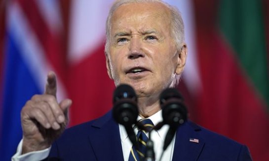 President Joe Biden delivers remarks on the 75th anniversary of NATO at the Andrew W. Mellon Auditorium, July 9 in Washington. The Biden administration is imposing tariffs on steel and aluminum shipped from Mexico that were made elsewhere. It's an attempt