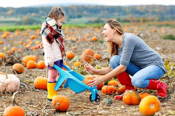 Women and child picking pumpkins