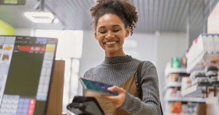 retail technology, business internet and wifi, woman using phone for purchase